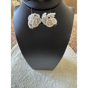 Vintage White Beaded Cluster Clip On  Earrings Statement Elegant Fashion Jewelry